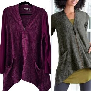 LOGO Lori Goldstein Knit Zip Front Cardigan Faux Suede Sleeves Magenta size L